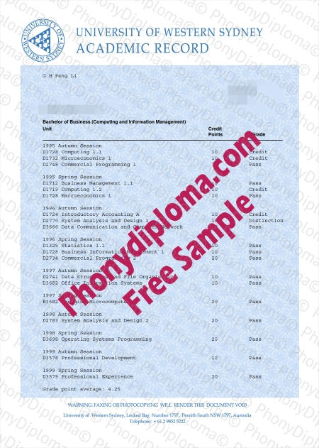 Australia University Of Western Sydney Actual Match Transcript Fake Diploma Sample